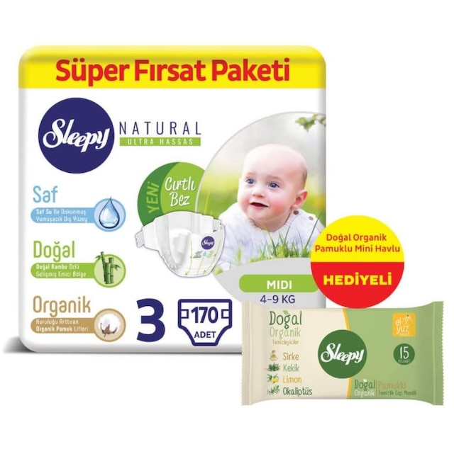 Sleepy Natural Süper Fırsat Paketi Bantlı Bebek Bezi 4-9 KG 3 Beden 170 Adet+Islak Mendil 15 Adet