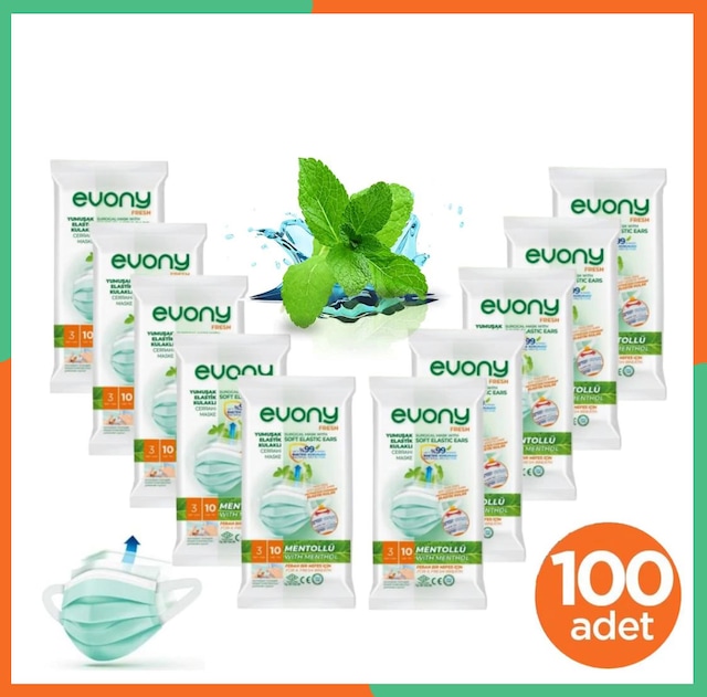 Evony Fresh Mentollü Maske Yumuşak Elastik Kulaklı 10'lu 100 Adet