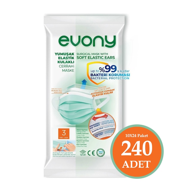 Evony Yumuşak Elastik Kulaklı Cerrahi Maske 10'lu Paket 240 Adet