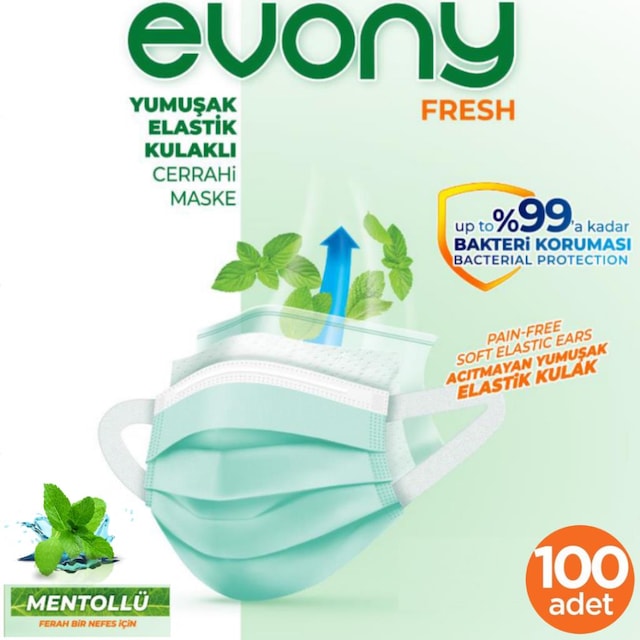 Evony Fresh Mentollü Maske Yumuşak Elastik Kulaklı 100 Adet