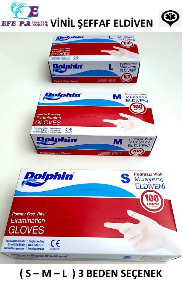 DOLPHİN PUDRASIZ VİNİL ŞEFFAF MUAYENE ELDİVENİ 100'LÜ (S - M - L)