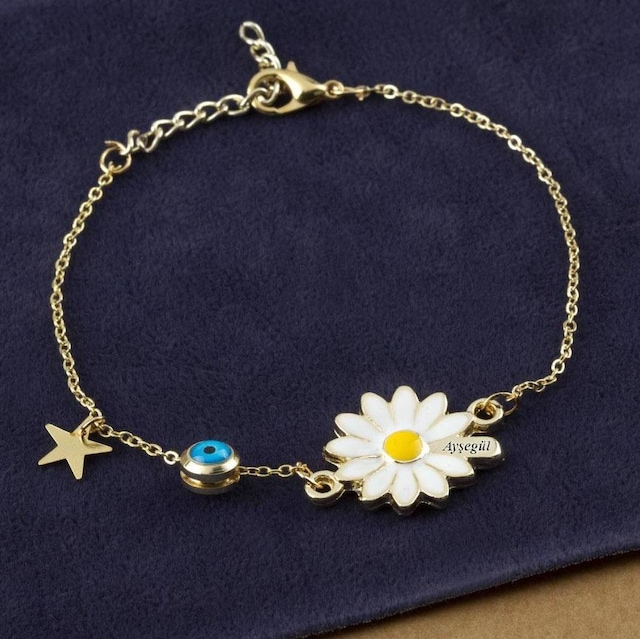 Kişiye Özel İsimli Nazar Boncuklu Şans Papatya Bileklik bbb07