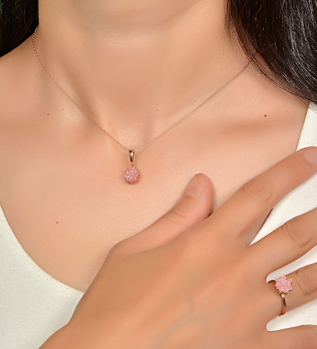 Rose Altın Kaplama Lotus Çiçeği Kadın Kolye Yüzük Set