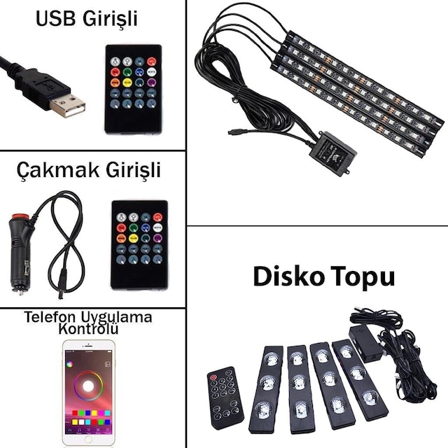 Müziğe Duyarlı Ayak Altı Led Kumanda App USB Araç İçi Aydınlatma