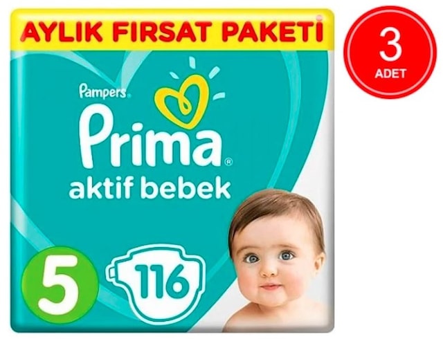 Prima Pampers Aktif Bebek Aylık Fırsat Paketi Bantlı Bebek Bezi 11-16 KG 5 Beden 3 x 116 Adet