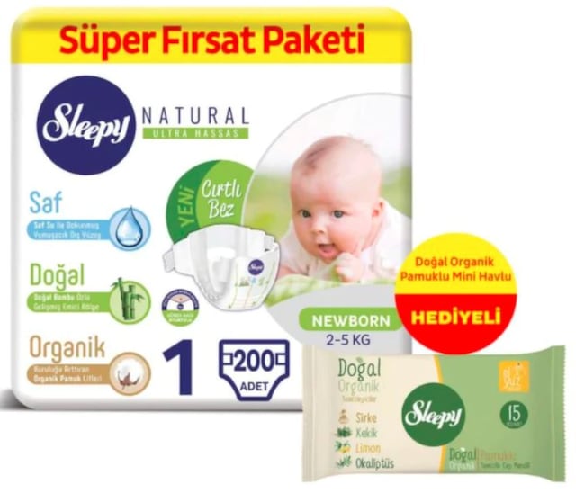 Sleepy Natural Süper Fırsat Paketi Bantlı Yenidoğan Bebek Bezi 2-5 KG 1 Beden 200 Adet + Pamuklu Mini Havlu