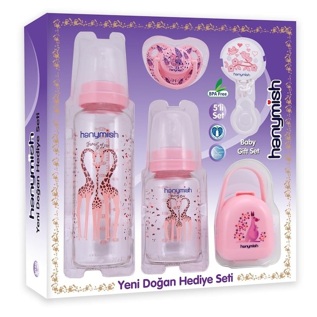 Hanymish 5'li Cam Biberon  Emzik Seti - Yeni Doğan Hediye Seti P