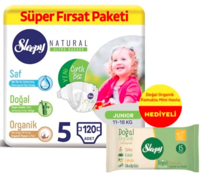 Sleepy Natural Süper Fırsat Paketi Bantlı Bebek Bezi 11-18 KG 5 Beden 120 Adet+Islak Mendil 15 Adet