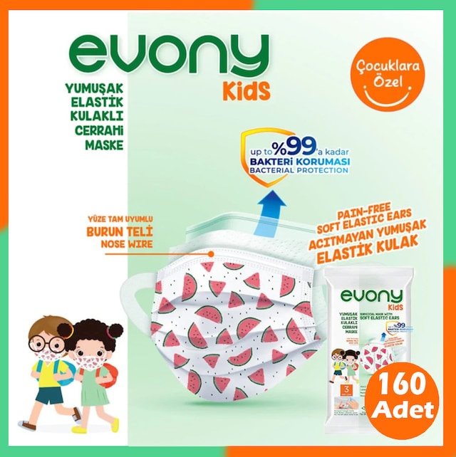 EVONY KIDS ELASTİK KULAKLI ÇOCUK MASKE 10'LU PAKET 160 ADET
