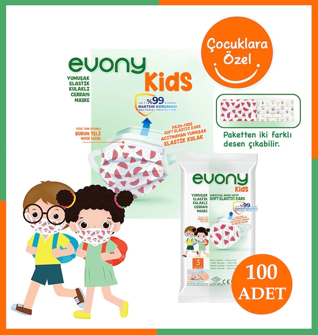 EVONY KIDS ELASTİK KULAKLI ÇOCUK MASKE 10'LU PAKET 100 ADET