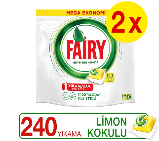 Fairy Hepsi Bir Arada Limon Kokulu Bulaşık Makinesi Deterjanı 2 x 120 Tablet 240 Yıkama