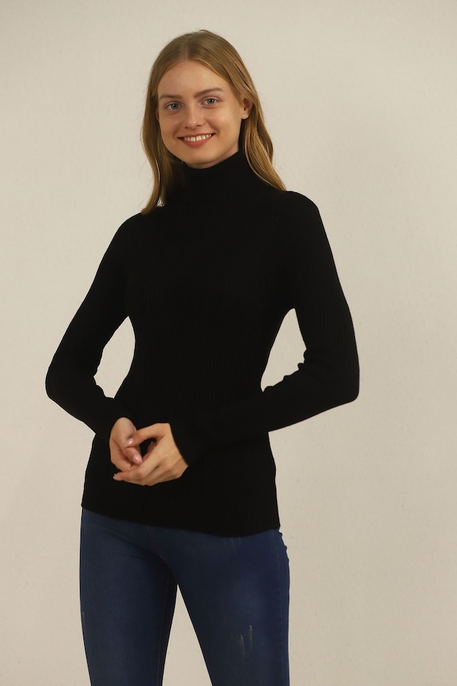 Kadın Balıkçı Yaka Kazak SIYAH