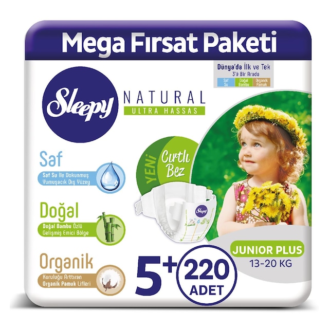 Sleepy Natural Bebek Bezi 5+ Numara Junior Plus 220 Adet Mega Fırsat Paketi