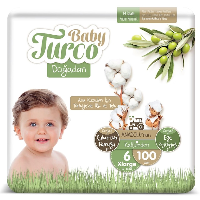 Baby Turco Doğadan Bebek Bezi 16-25 KG 6 Beden 100 Adet + Islak Havlu 3 x 60 Adet