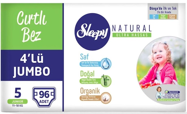 Sleepy Natural 4'lü Jumbo Bantlı Bebek Bezi 11-18 KG 5 Beden 96 Adet