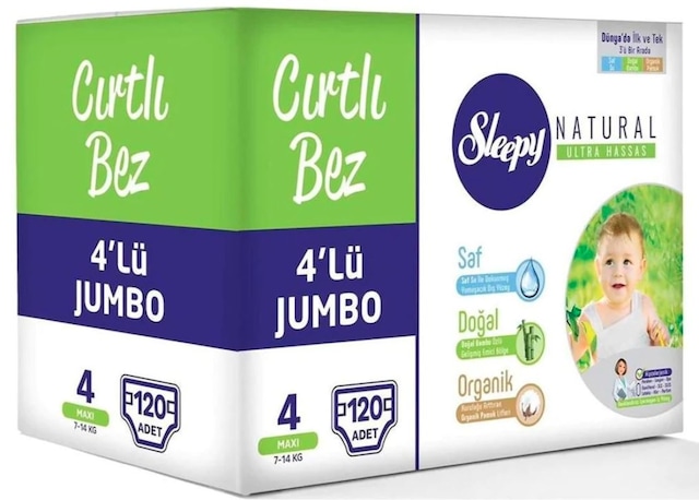 Sleepy Natural 4'lü Jumbo Bantlı Bebek Bezi 7-14 KG 4 Beden 120 Adet