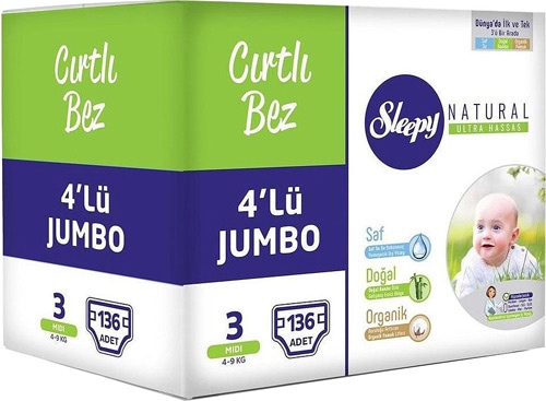 Sleepy Natural 4'lü Jumbo Bantlı Bebek Bezi Midi 4-9 KG 3 Beden 136 Adet