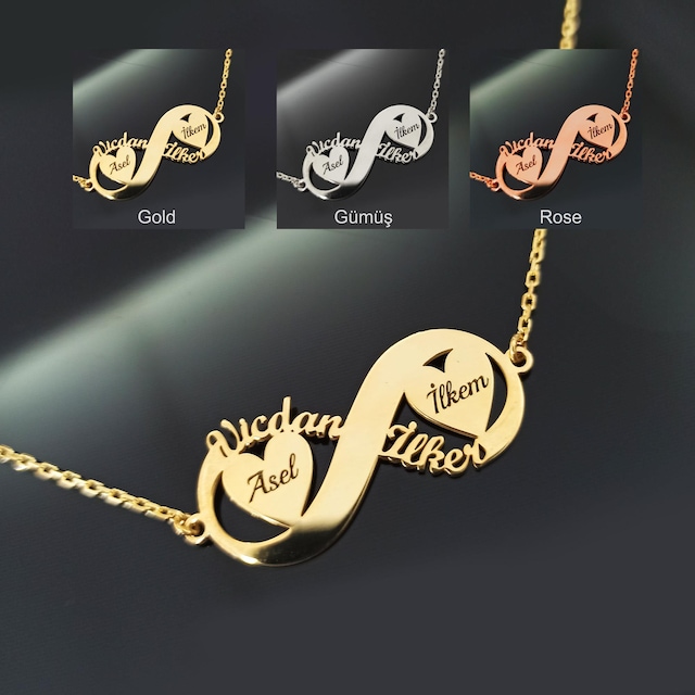 Kişiye Özel İsimli ve Kalpli Sonsuzluk Bayan Gümüş Kolye