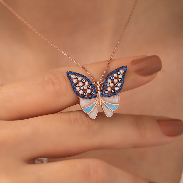 925 Ayar Mavi Taşlı Kelebek Kolye Bayan Gümüş Kolye