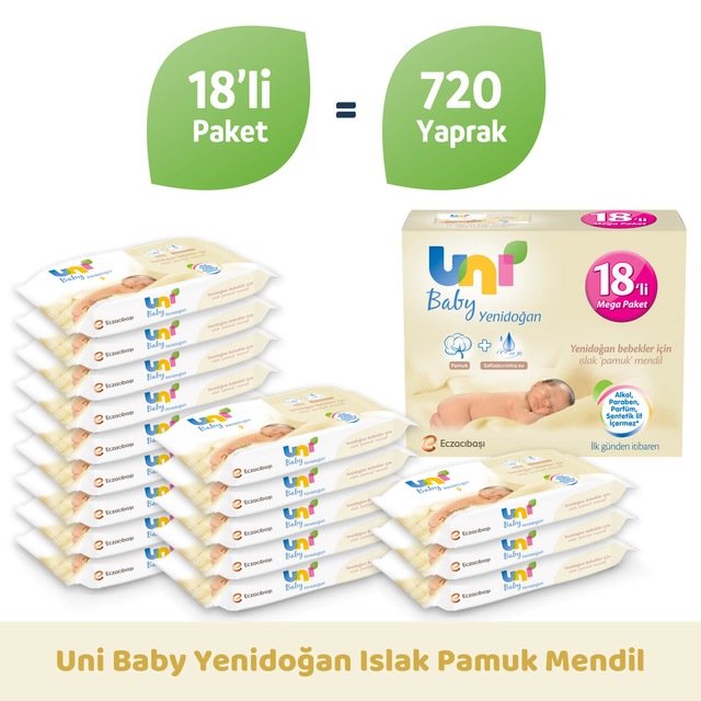 Uni Baby Yenidoğan Islak Pamuk Mendil 18'li Mega Paket 720'li