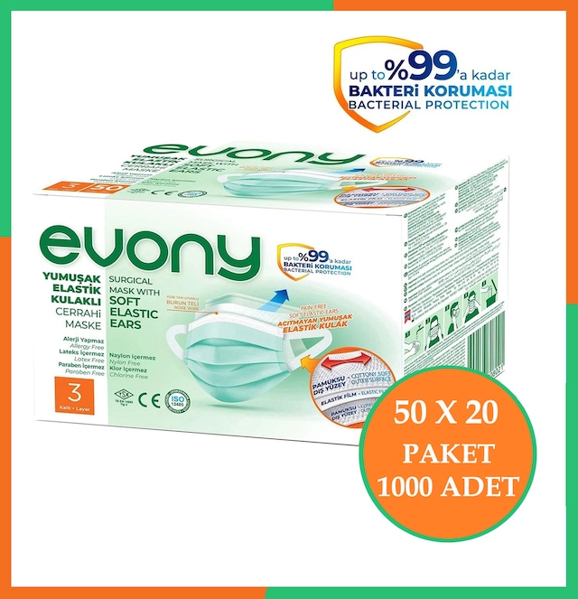Evony 3 Katlı Cerrahi Maske 50'li 20 Paket ( 1.000 Adet )