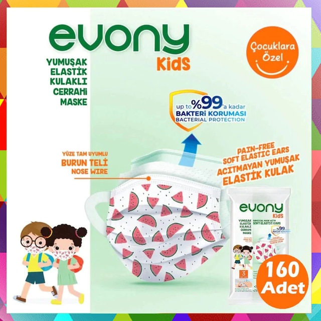 EVONY KIDS ELASTİK KULAKLI ÇOCUK MASKE 10'LU PAKET 160 ADET