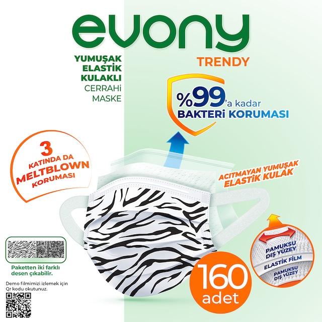 Evony Elastik Kulaklı Trendy Desenli Maske 160 Adet