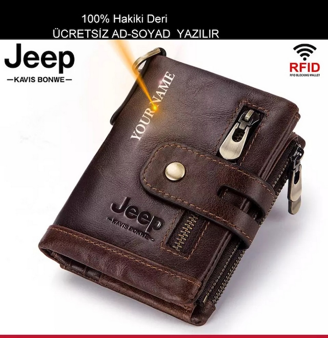Jeep Erkek Cüzdanı 100% Hakiki Deri Bozuk Para Kartlık Zincirli