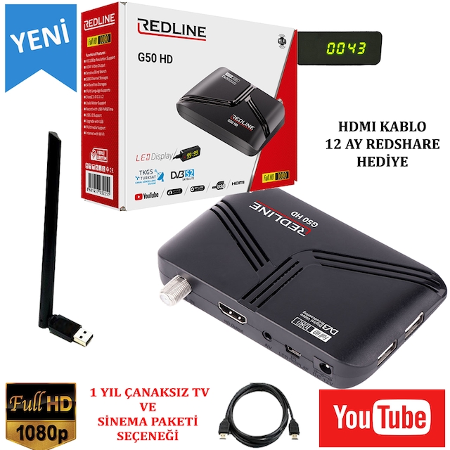 Redline G50 HD ÇANAKSIZ Uydu Alıcısı WİFİ ALICI SİNEMA PAKETİ