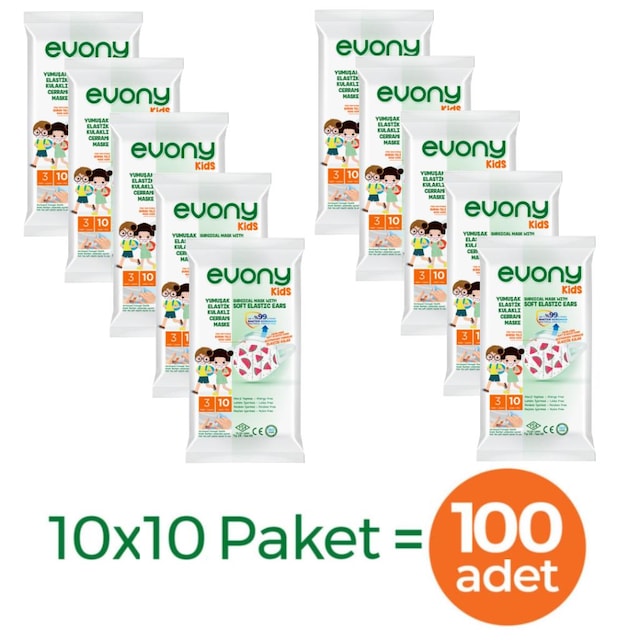 EVONY Elastik Kulaklı Çocuk Maske  10 Paket 100 Adet