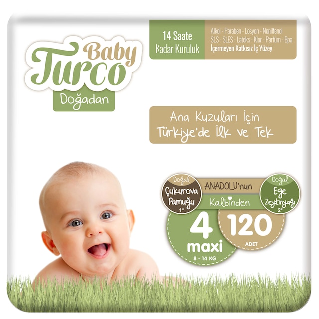 Baby Turco Doğadan Bebek Bezi 4 Numara Maxi 120 Adet