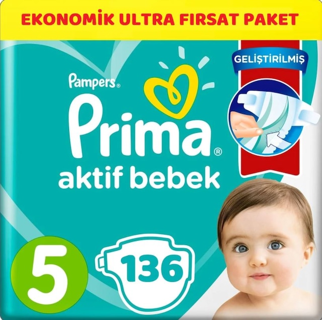 Prima Pampers Aktif Bebek Ekonomik Ultra Fırsat Paket Bebek Bezi 11-16 KG 5 Beden 136 Adet