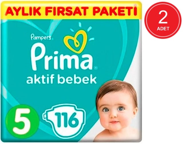 Prima Pampers Aktif Bebek Aylık Fırsat Paketi Bebek Bezi 11-16 KG 5 Beden 2 x 116 Adet