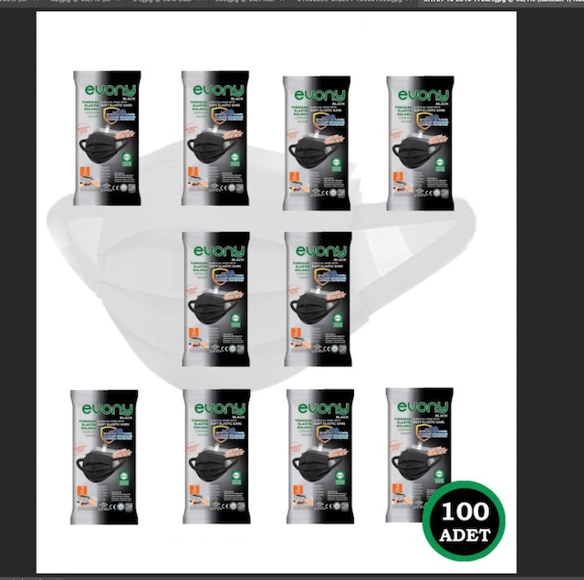 Evony Black Elastik Kulaklı Siyah Maske 10 lu 100 Adet