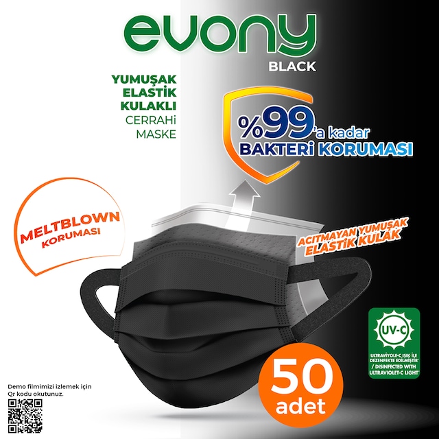 Evony Maske Black Elastik Kulaklı 50 Adet