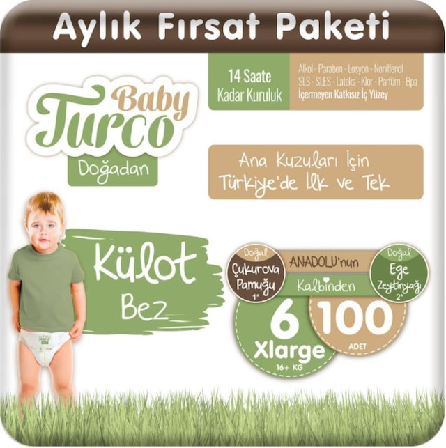 Baby Turco Doğadan Külot Bez 6 Numara Xlarge Aylık Fırsat Paket 100 Adet