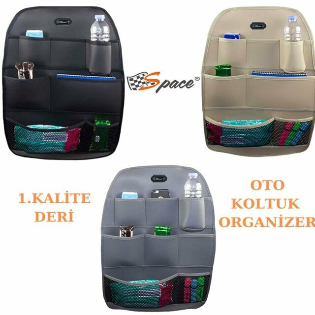SPACE Oto Koltuk Arkası Deri Lüks Space Organizer Gri-Bej-Siyah