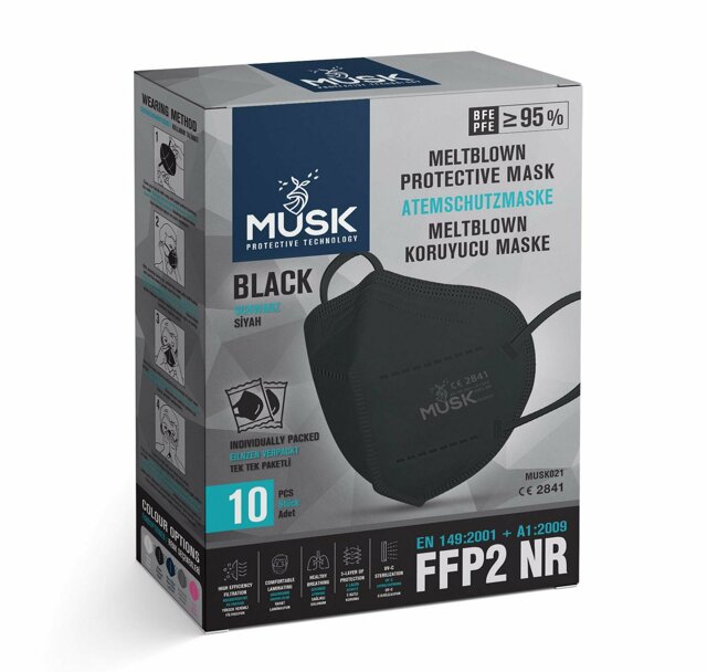 Musk FFP2 N95 Koruyucu Maske Siyah 10'lu 5 Paket (50 Adet)