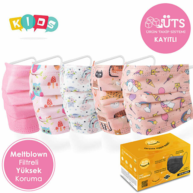 100'lü 3-14 Yaş Kız Çocuklar İçin Desenli Cerrahi Yüz Maskesi