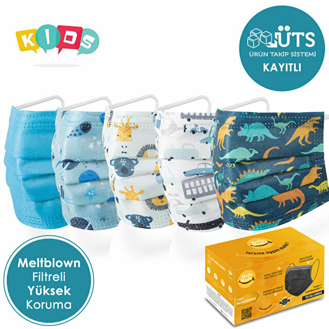 100'lü 3-14 Yaş Erkek Çocuklar İçin Desenli Cerrahi Yüz Maskesi