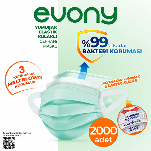 Evony Elastik Kulaklı 3 Katlı Cerrahi Maske 2000 Adet