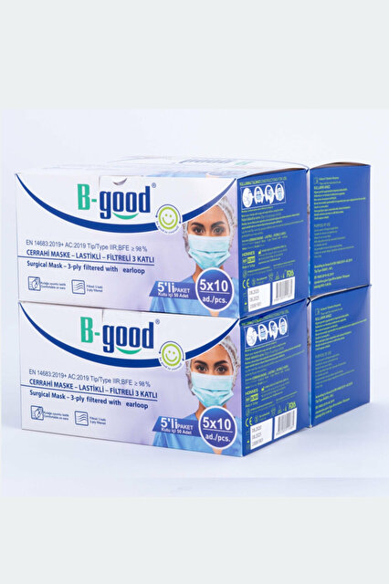 B-GOOD CERRAHİ MASKE 3KATLI (200)Adet Burun Telli 5'erli paket