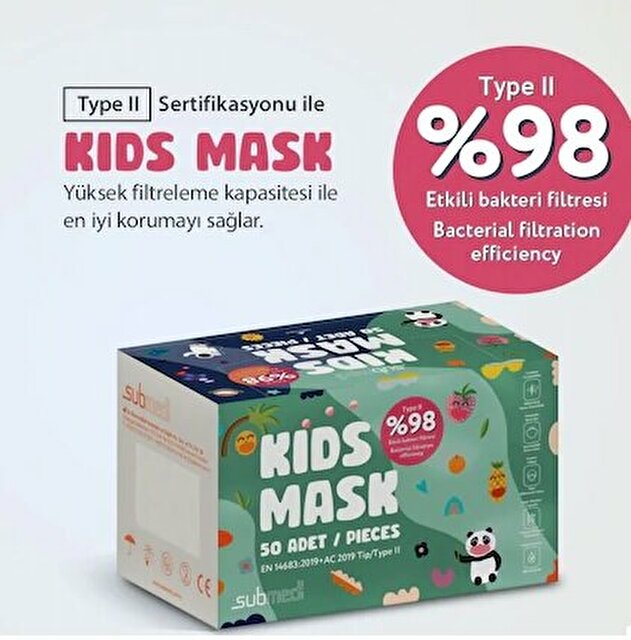 Submed Çocuk Maskesi, Cerrahi Maske, Renk Seçenekli 50 Adet