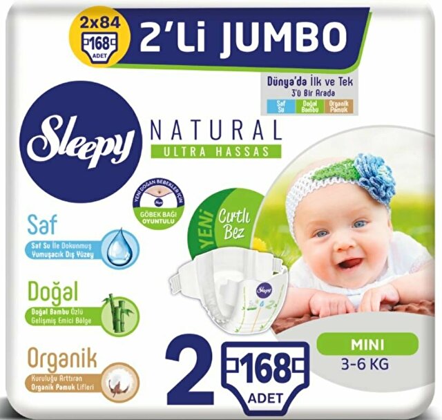 Sleepy Natural Bebek Bezi 2 Numara Mini 2'li Jumbo 168 Adet