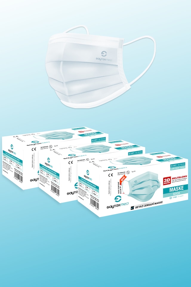 SaytekMed, Meltblown Filtre, Beyaz Cerrahi Maske 150 Adet/3 Kutu