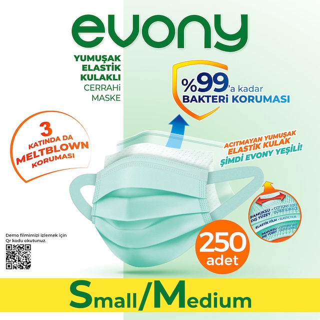 Evony Yeşil Elastik Kulaklı Small/Medium 250 Adet