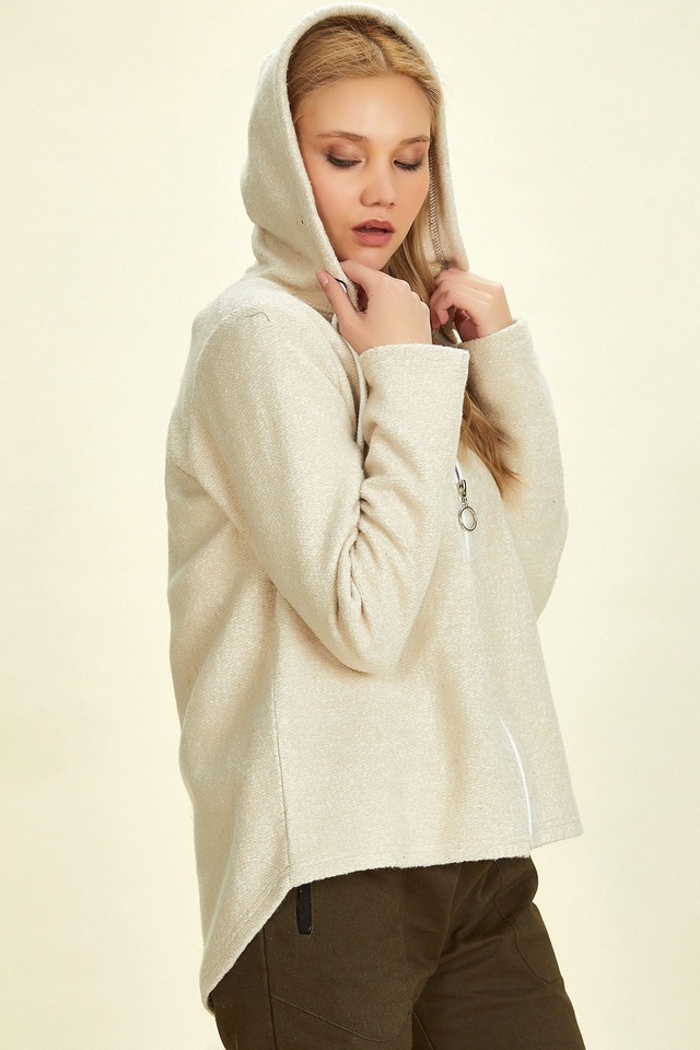 Kadın Fermuarlı Kapüşonlu Bej Hırka