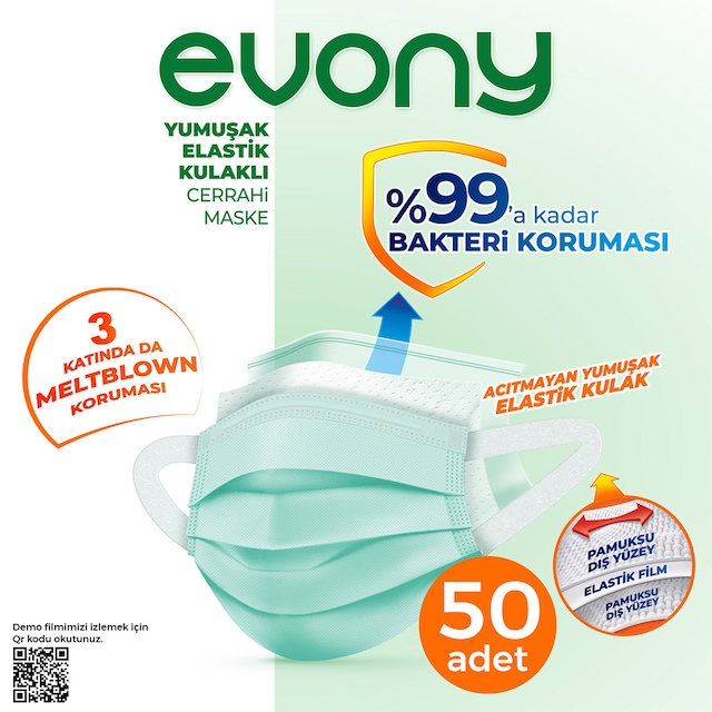 Evony Elastik Kulaklı 3 Katlı Cerrahi Maske 50 Adet