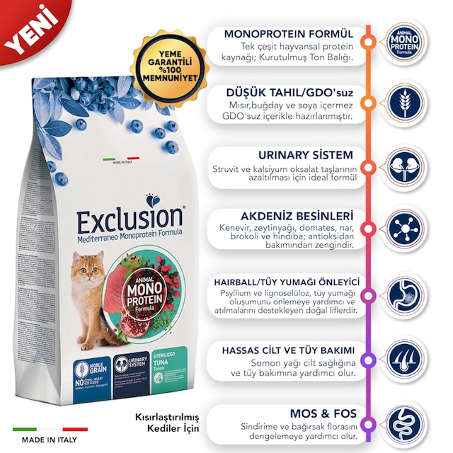 Exclusion Mediterraneo Monoprotein Düşük Tahıllı Ton Balıklı Ve Narlı Kısırlaştırılmış Kedi Maması 12 KG