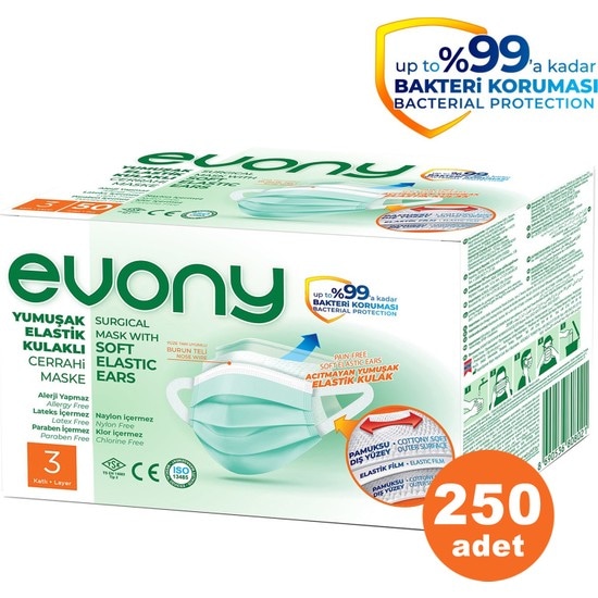 Evony Yumuşak Elastik Kulaklı 3 Katlı Telli Cerrahi Maske 250 li